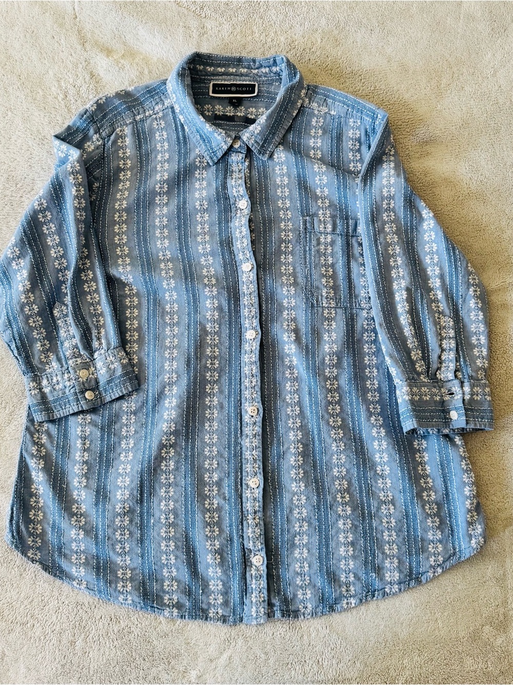 Karen Scott Blue Floral Stripe Button Front Shirt XL | 3/4 Sleeve Casual Top